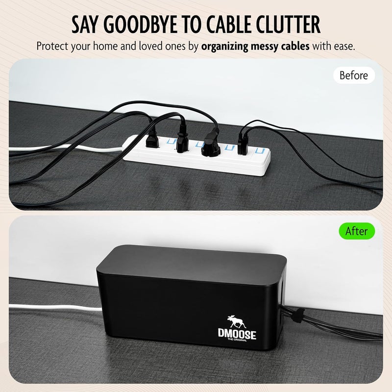 DMoose  Cable Management Box - 2 Pack Medium & Large Cord Organizer for Desk & Floor, Cable Organizer Box for Child & Pet - Cable Box Hider for Tidy Office & Home, Power Strip Cover (Black - Pack of 2) - Image 3